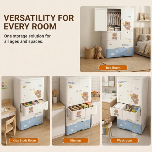Image of StarAndDaisy Kids Wardrobe /Multifunctional Collapsible Plastic Wardrobe /Almirah for Kids- Storage Cabinet - Dustproof Baby /Wardrobe Organizer for Clothes, Toys - Cute Bear