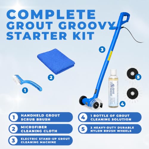 Image of Electric Grout Cleaner | Stand Up Tile Grout Scrubber Bundle | 20' Cord | Stand-Up Grout Cleaner with 20' Cord, 3 Brush Wheels, Hand Brush, Cleaner & Microfiber Cloth for Tile Floors and Grout