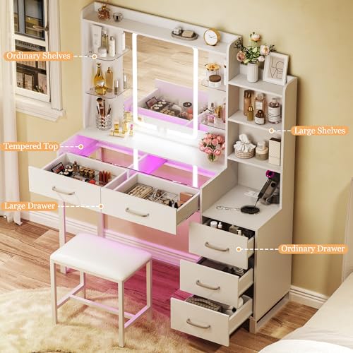Image of HUAHUU Vanity Desk with Mirror and Lights, 43 inch Makeup Vanity with Glass Top & RGB Ambient Light, Vanity Table Set with 5 Drawers, Power Outlet & Chair for Girls Bedroom, White