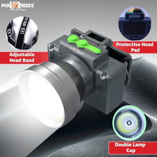 Image of Pick Ur Needs Chargeable Head Lamp with 3 Type LED Metal Body 200W Laser 3600 mAh Long Battery 5 hrs Torch Emergency Light (Silver)