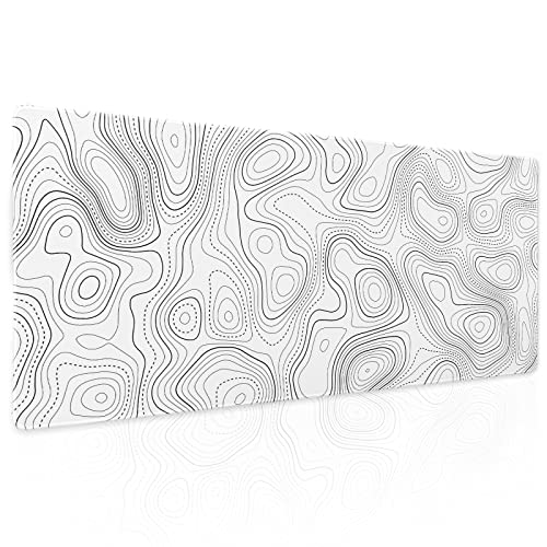 Topographic Contour White Gaming Mouse Pad XL Geographic Map Lines Extended Large Desk Mat Big Mousepad Non-Slip Rubber Base Stitched Edge Long Playmat for Desktop Office PC Computer,31.5×11.8 in