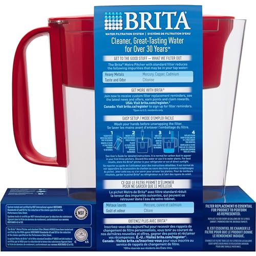 Brita Water Filter Pitcher for Tap and Drinking Water with 1 Standard Filter, Lasts 2 Months, 6-Cup Capacity, BPA Free, Red - image 9