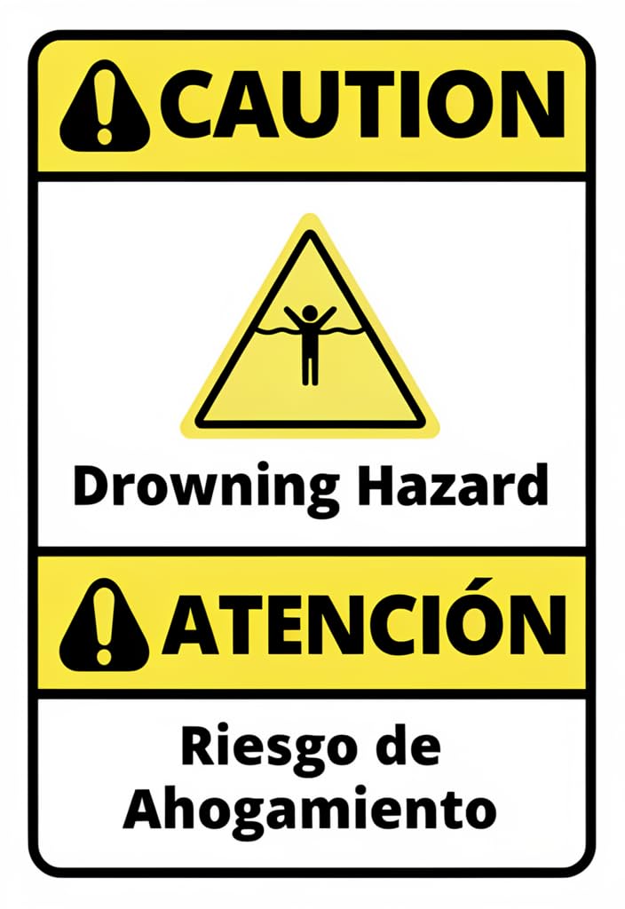 peiyeety Caution Drowning Hazard Bilingual Tin Sign 12x8 Inch, Yellow & Black Metal Warning Plaque, English/Spanish Safety Notice for Pool Fence, Spa, Backyard, Boathouse, Lake House Decor