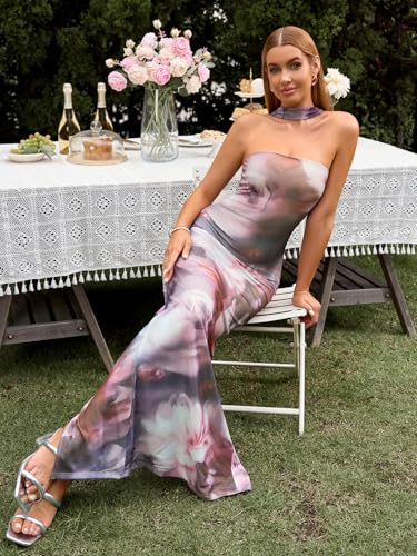 Image of HTZMO Women Elegant Summer Bodycon Maxi Dress Halter Neck Formal Wedding Guest Cocktail Party Long Dresses