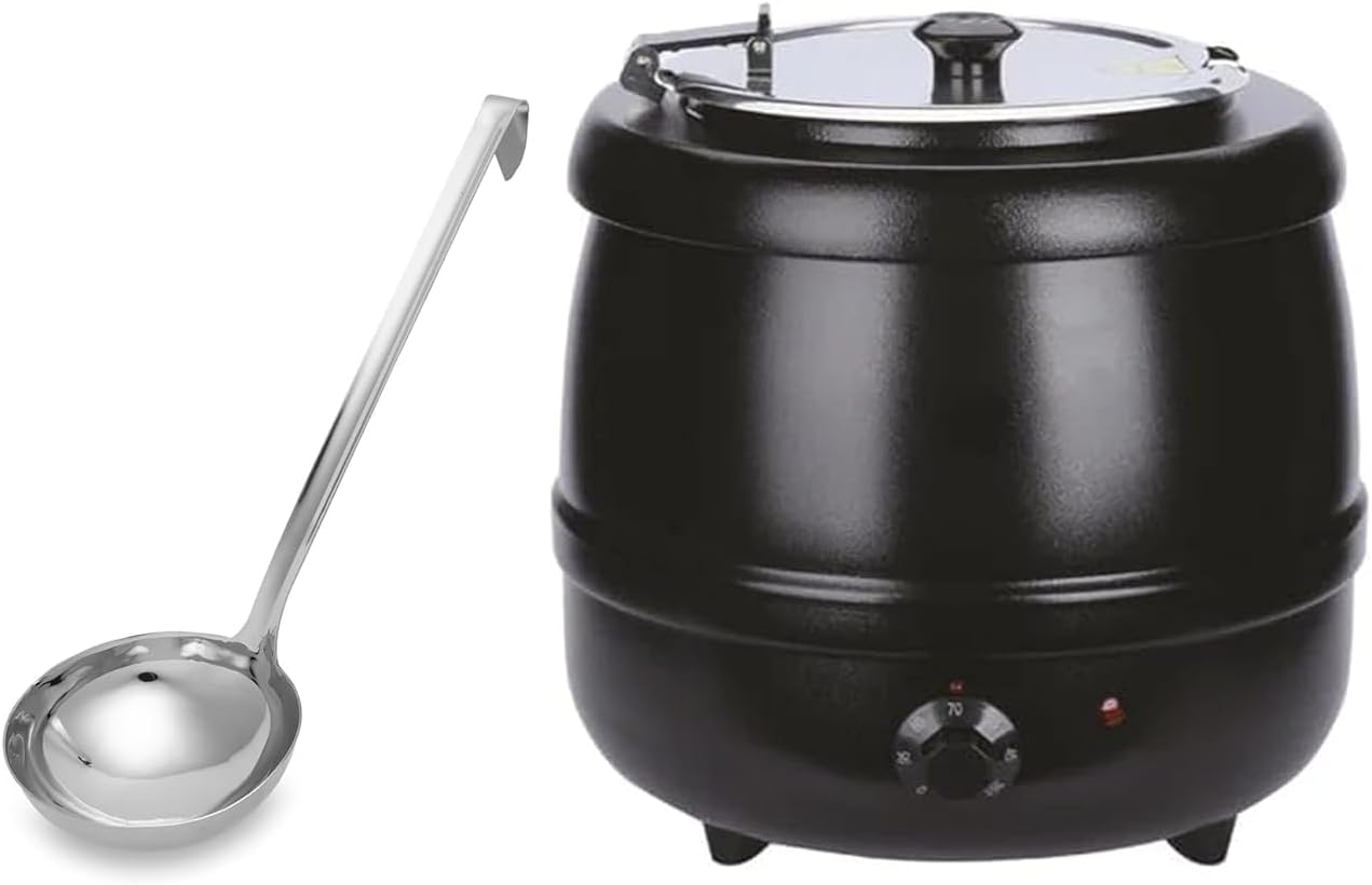 Paulsons Hospitality Soup Kettle 10 Liter Internal Container Electric Pot with Keep Warm Function, Heavy Duty Commercial Electric Soup Pot Black (SOUP KETTLE WITH LADDLE, 10 LITER)
