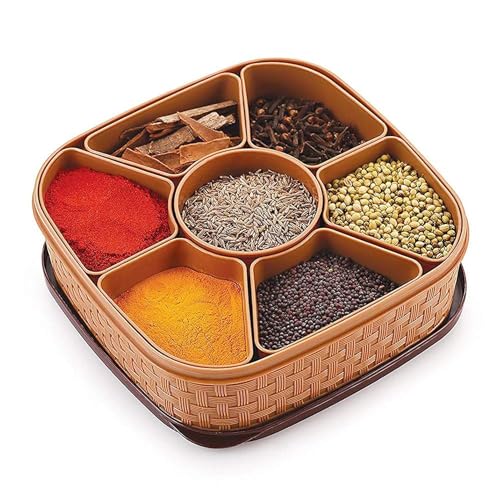 Plastic Masala Box for Kitchen | 7-in-1 Square Spice Organizer with Spoons | Airtight Multi-Container Masala Dabba for Home | Rotating Seasoning Storage Jar Set for Kitchen