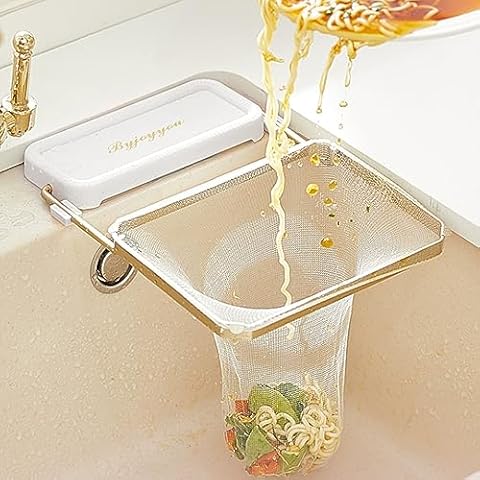Sink Hanging Drain Basket Stainless Steel Corner Sink Strainer Basket Holder with 50 Pcs Filter Mesh Strainer Kitchen Sink Food Catcher for Kitchen Leftover Cover