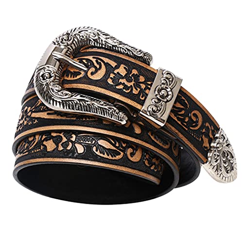 Leather Belt Western Floral Engraved Embossed Tooled Genuine Full Grain or Strap Prong Buckle Casual Jeans for Men(110cm/waist:36