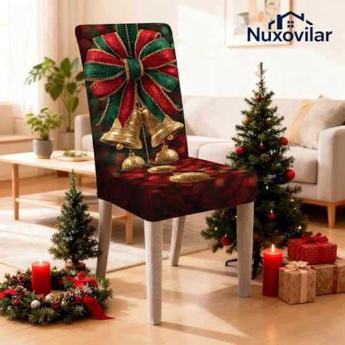 Image of Nuxovilar 4PCS Gold Bell Bow Stretch Chair Covers 23.6x70in | Holiday Slipcover Festive Protector Gold Bell Wrap Seat Guard Dining Room Formal Banquet Event (Golden Bow)