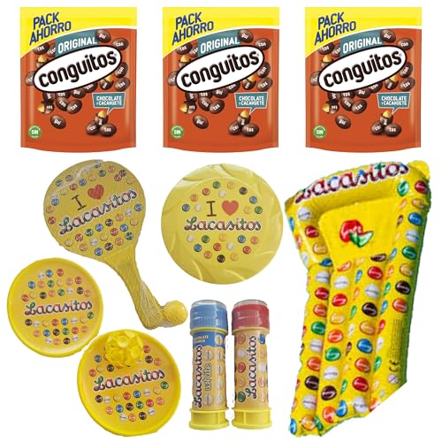 Pack vacaciones Lacasitos y Conguitos:3 negro doyPack 350g,palas con ventosa y con pelota , pompero,frisbee y colchoneta