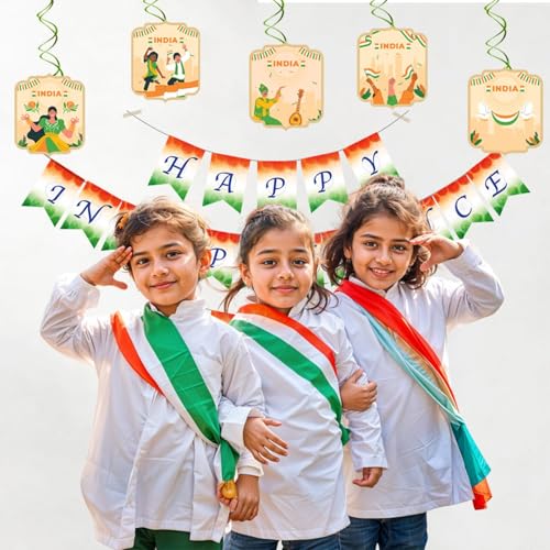 Image of Party Propz Happy Independence Day Decoration Items - 6 Pcs, 2 in 1 Independence Day Banner & Republic Day Reversible Banner with Swirl Hangings, 15 August Decoration Items (Cardstock)