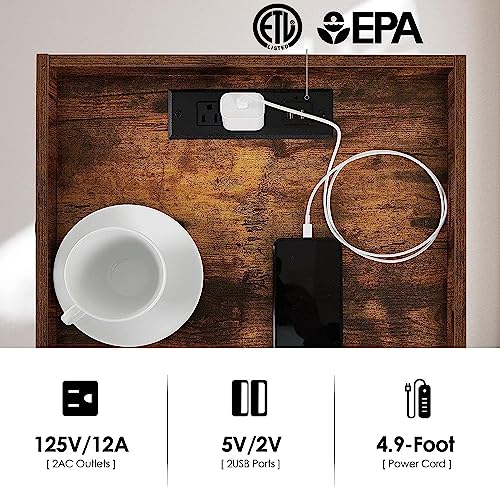 Saedew Nightstand With Charging Station And 2 Usb Ports, Industrial Style Bedside Table With 2 Drawers And Metal Shelves, Vintage End Table For Bedroom, Living Room,Brown #TOP4