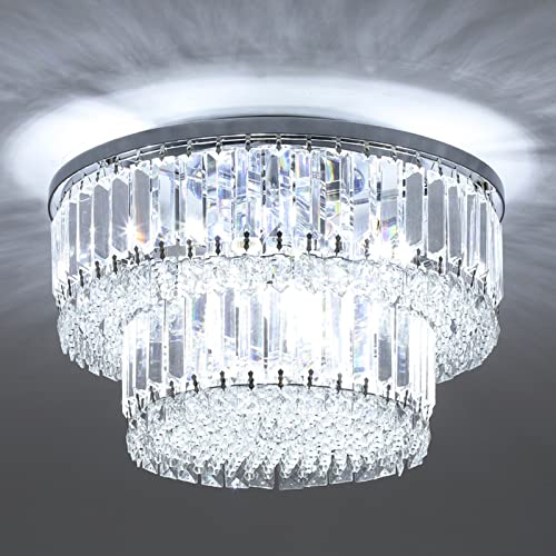Chrome Crystal Flush Mount Chandelier, Modern Round Crystal Ceiling Light Fixture, Bling Silver Raindrop Ceiling Lamp for Closet Bedroom Living Room Dining Room, 2 Tier 6 Llight H10 x D16