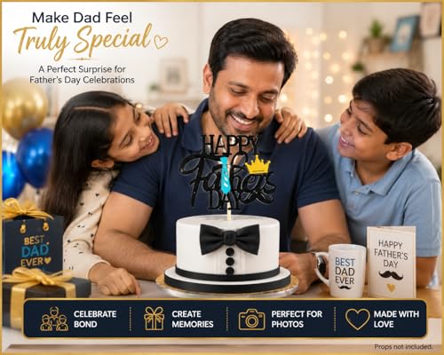 Image of Festiko Happy Father's Day Cake Topper for Dad Birthday Decoration, Best Dad Ever Cake Topper with Crown & Tie Design, Double Sided Black Glitter 350 GSM Party Supplies India