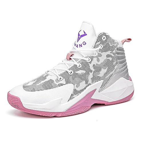 WILTENA Womens Fashion Breathable Basketball Shoes Mens Outdoor Mesh Sneakers Anti Slip Cushion Sports Shoes for Running Walking Training White Size 8.5w/7m