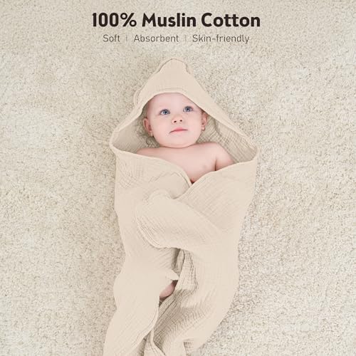 Image of Susurration Hooded Baby Towels for Newborn 2 Pack 100% Muslin Cotton Towel for Babies，Highly Absorbent and Newborn Essential 30x30 Inch (White&Green)