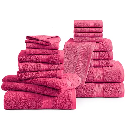 LANE LINEN Pink Cotton Bath Towels Set - 18 Pcs - Super Soft, Quick Dry & Highly Absorbent - 4 Bath, 8 Wash Cloth, 6 Hand Towels - Gentle on Skin & Ideal Gift for Her - Fuchsia Pink