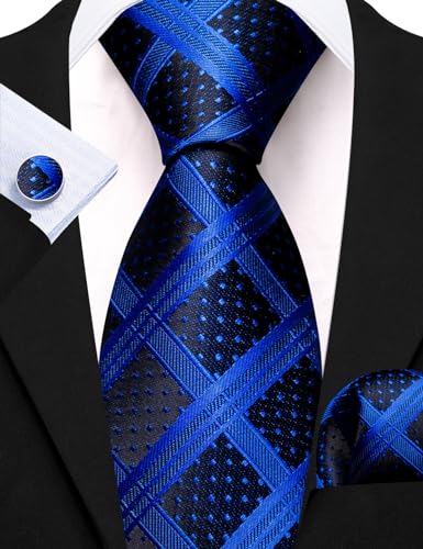 Image of Barry.Wang Plaid Ties Check Mens Necktie Set with Handkerchief Cufflinks Classic Stripe, B-royal Blue
