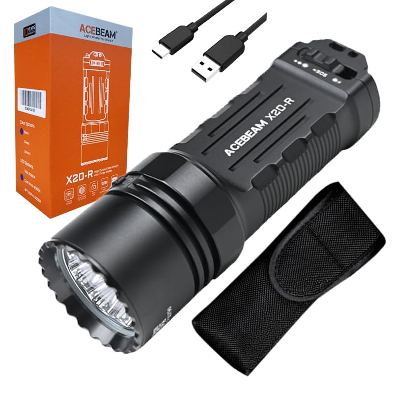 ACEBEAM X20-R LUXEON HL4X LEDs Black X20-R Luxeon HL4X 6500K LEDs High Output Flashlight Black Color with Three Modes -10,000 lumens w/Eco-Sensa USB C