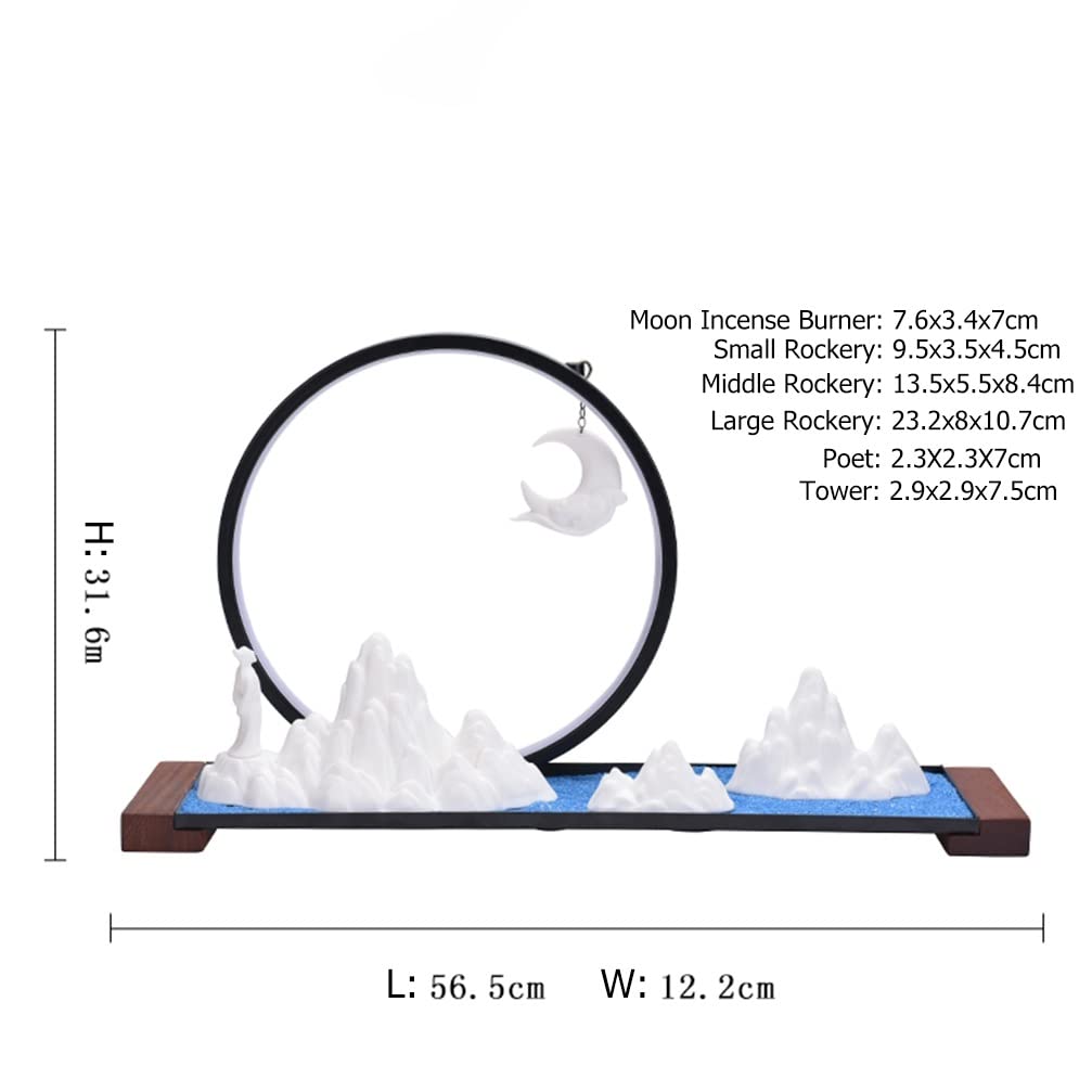 Quemador de incienso de reflujo de cascada, diseño de luna de montaña con base de madera de arena azul claro LED, perfecto para decoración del hogar y la oficina, alivio del estrés y relajación