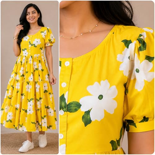 Image of Women's Floral Printed Rayon Tiered Midi Dress | Summer Comfortable Yellow Flare Kurti Lightweight Use Summer Outfit for Girls & Women
