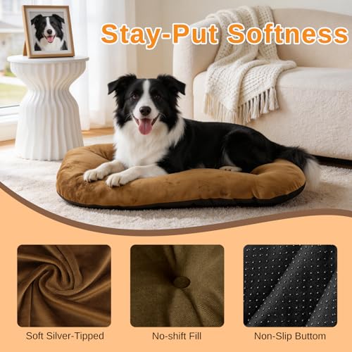 Image of Washable Oval Dog Bedfor Medium Dogs,Silver-Tipped High-Resilience,Brown | Non-Slip Bottom Prevents Sliding, Soft Plush Short Fur, Machine Washable, Ideal for Crates /Apartments /Cozy Nooks,29 inchx18 inchx2.8 inch