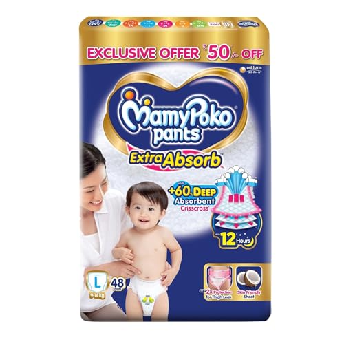 Image of MamyPoko Pants Extra Absorb Baby Diapers, Large (L Size) | 9-14 kg | 48 Count |Deep Sleep Diapers| Soft Gentle fit |Deep Absorbent Crisscross | Skin Friendly with Coconut Oil |