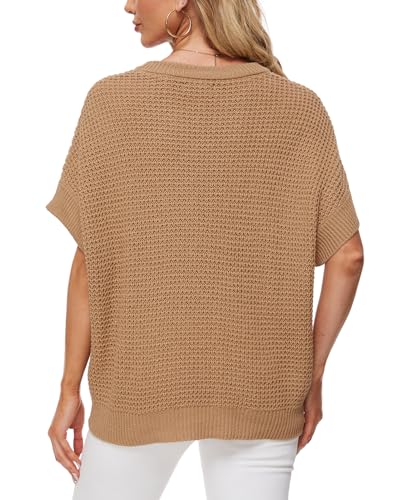 Image of MINTLIMIT Womens Batwing Short Sleeve Sweaters Loose Oversized Waffle Knit Pullover Sweater Top