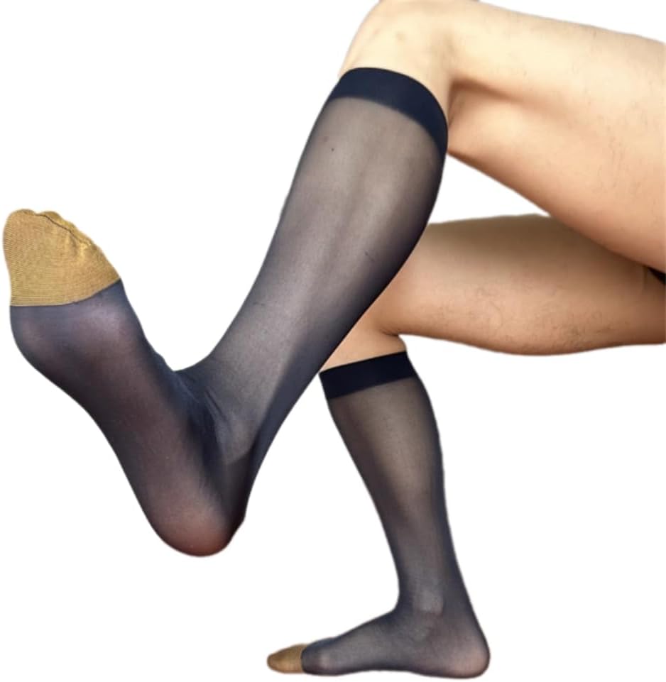 Men's Over The Calf Dress Socks Breathable Fabric Thin See Through Nylon Stockings for Formal Event and Business