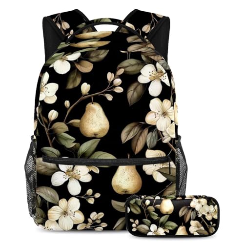 Grand sac à dos scolaire poire et fleurs avec trousse à crayons intégrée