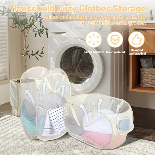 WUFANC Pop Up Wäschekorb Faltbar 2 Stück aus Netzmaterial (36 * 36 * 58cm) mit Henkel für Badezimmer, Camping, College Dorm und Reisen, Zusammenklappbarer Korb für schmutzige Wäsche (Beige)