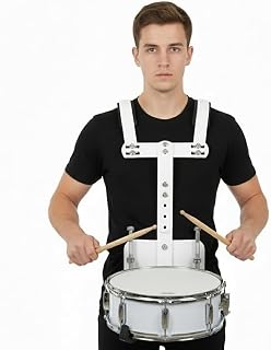Marching Snare Drum Harness, Adjustable Aluminum Alloy Back Frame Carrier with Shoulder Strap, Lightweight Snare Drum Stand for Percussionists, School Marching Band Students, Performers (White)