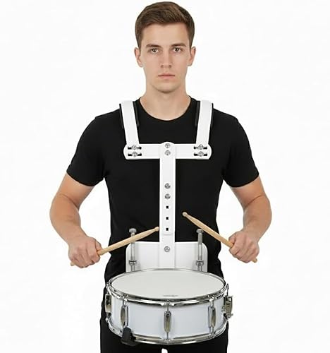 Marching Snare Drum Harness, Adjustable Aluminum Alloy Back Frame Carrier with Shoulder Strap, Lightweight Snare Drum Stand for Percussionists, School Marching Band Students, Performers (White)
