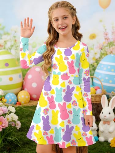 Image of Ithalt Girls Easter Dress Bunny Print Shirts Easter Long Sleeve Dresses Litter Girls Christian Easter Gifts 5-12y