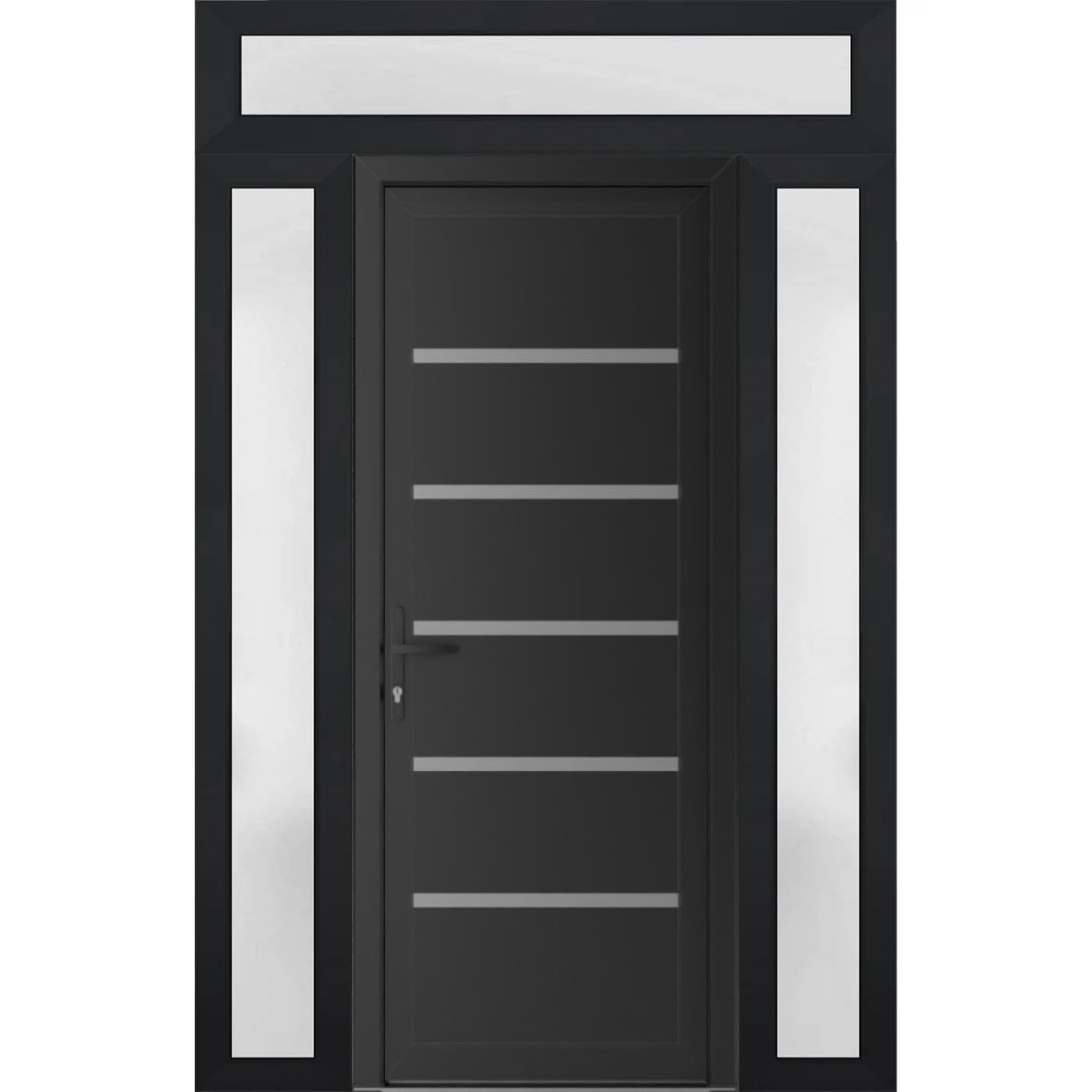 VDOMDOORS Front Exterior Door Prehung 36 x 80 inches | Manux 8415 Matte Black | Entry Door with Frame | Metal Sidelite Transom | 2 Sidelites 12" Transom 14" | Right Hand | Front Entry