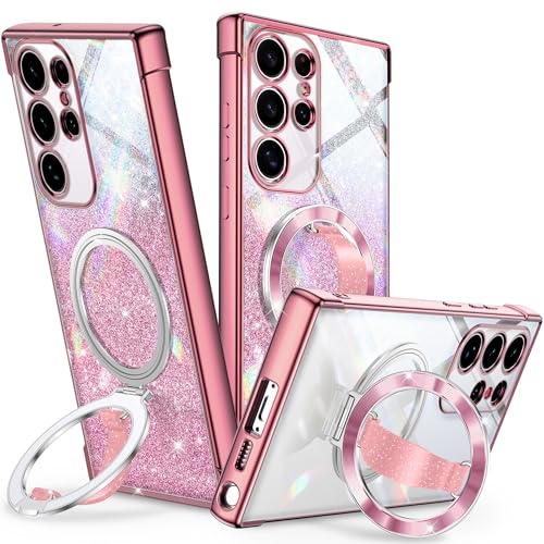 Silverback for Samsung Galaxy S24 Ultra Case Glitter, Sparkly Aesthetic Cover with O-Ring Stand & Flexible Finger Loop Ring, Protective Shockproof Phone Case for Women Girls, Clear Glitter Rose Gold