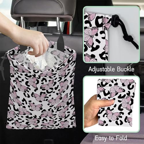 Image of Butterfly Car Garbage Bag,Leopard Waterproof Small Car Trash Bag Hanging Back of Seat,Drawstring Hanging Car Trash Bag with Adjustable Buckle for Car Accessories