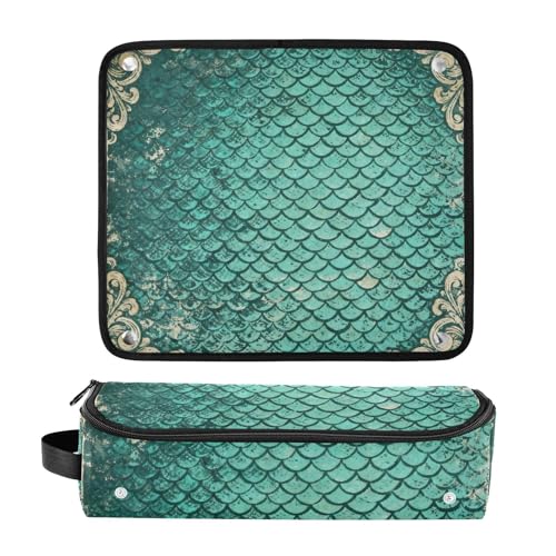 Bolsa de viaje para herramientas de cabello y tapete resistente al calor, organizador para planchas, rizadores, secador de pelo, accesorio de viaje con textura de escamas de pescado verde retro miniatura 3