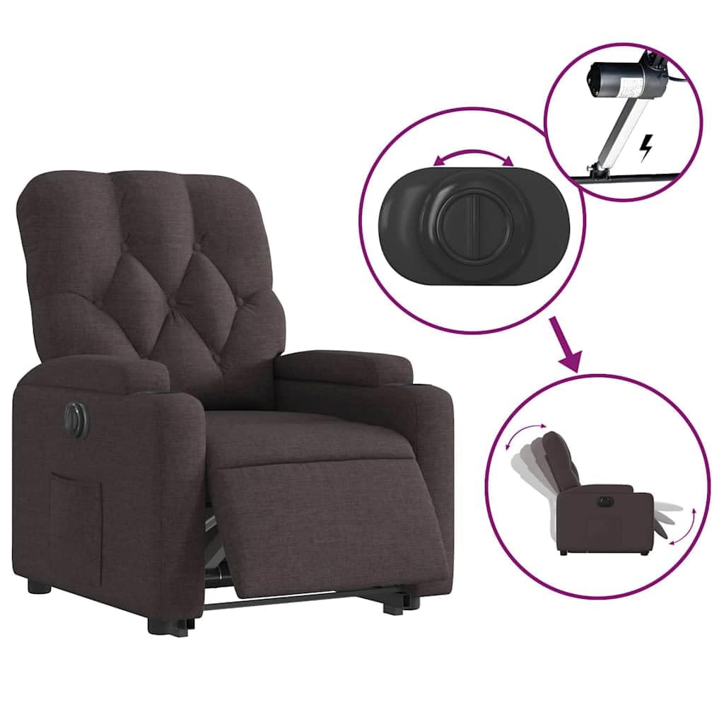 Sillón elevador eléctrico reclinable de tela marrón oscuro con motor para elevación y función reclinable automática a 135 grados, cómodo y estable