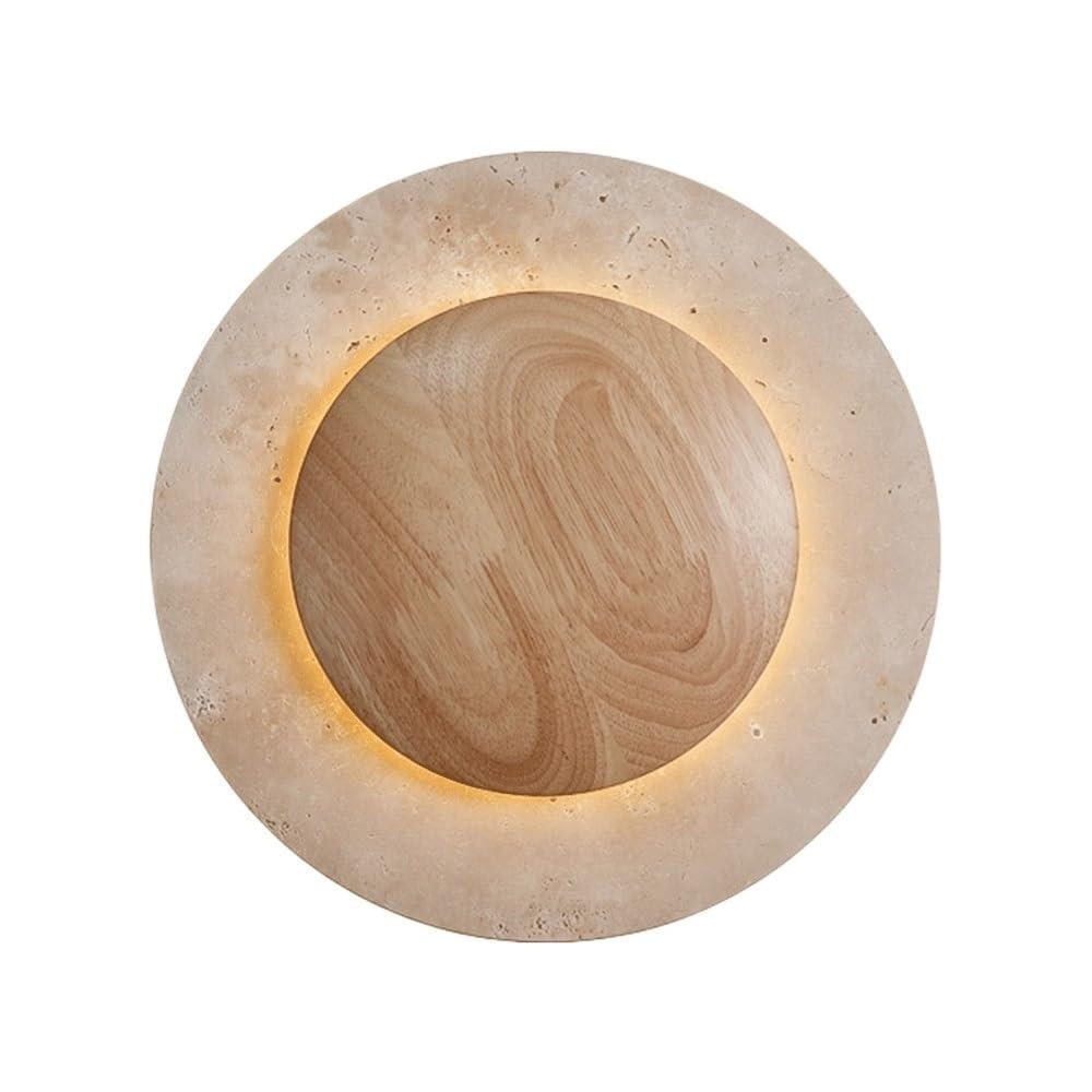 LUOYAOB Modern Travertine Wall Sconce Round Stone Wall Light with Glass Shade and Wood Accent Wall Lamp for Bedroom Living Room Entryway Hallway Indoor Wall Lighting