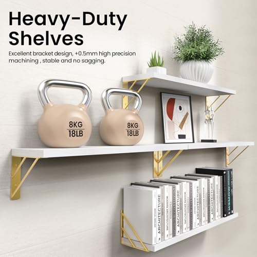 Image of BAYKA Wall Shelves for Bedroom Decor, Floating Wall Shelf for Living Room Kitchen Storage, Mounted Rustic Wood Shelves for Kids Books, Corner Shelf for Bathroom(White and Gold，23in，Set of 4)