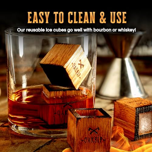 Image of Oaksip Wooden Bourbon and Whiskey Stones Set | Bourbon Gifts for Men, Real Oak & Charred Like A Whiskey Barrel | Great Whisky Gifts for Husband Dad or Brother for Men Who Have Everything