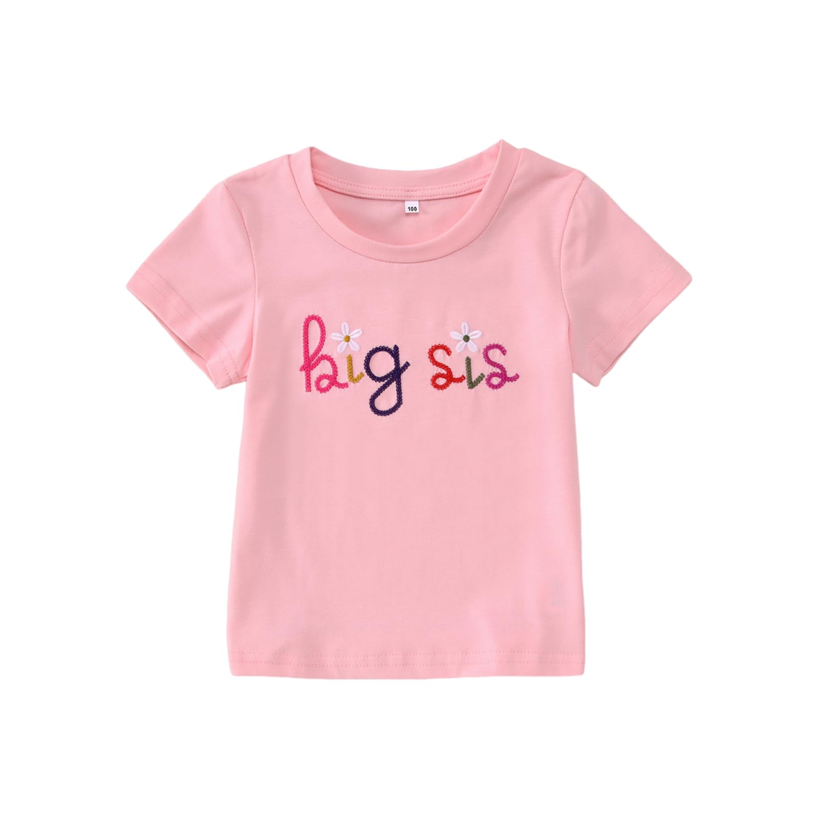 Big Sister Shirt for Toddler Baby Girl Embroidered Big Sis Announcement T-Shirt Gift Sibling Reveal Top Outfit (Pink, 18-24M)