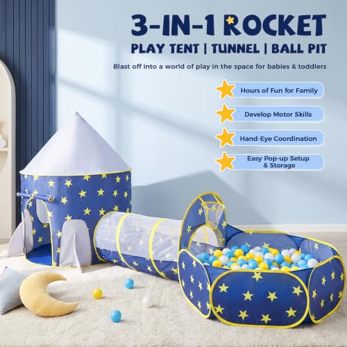 Image of PigPigPen 3pc Kids Play Tent for Boys with Ball Pit, Crawl Tunnel, Princess Tents for Toddlers, Baby Space World Playhouse Toys, Boys Indoor& Outdoor Play House, Perfect Kid's Gifts