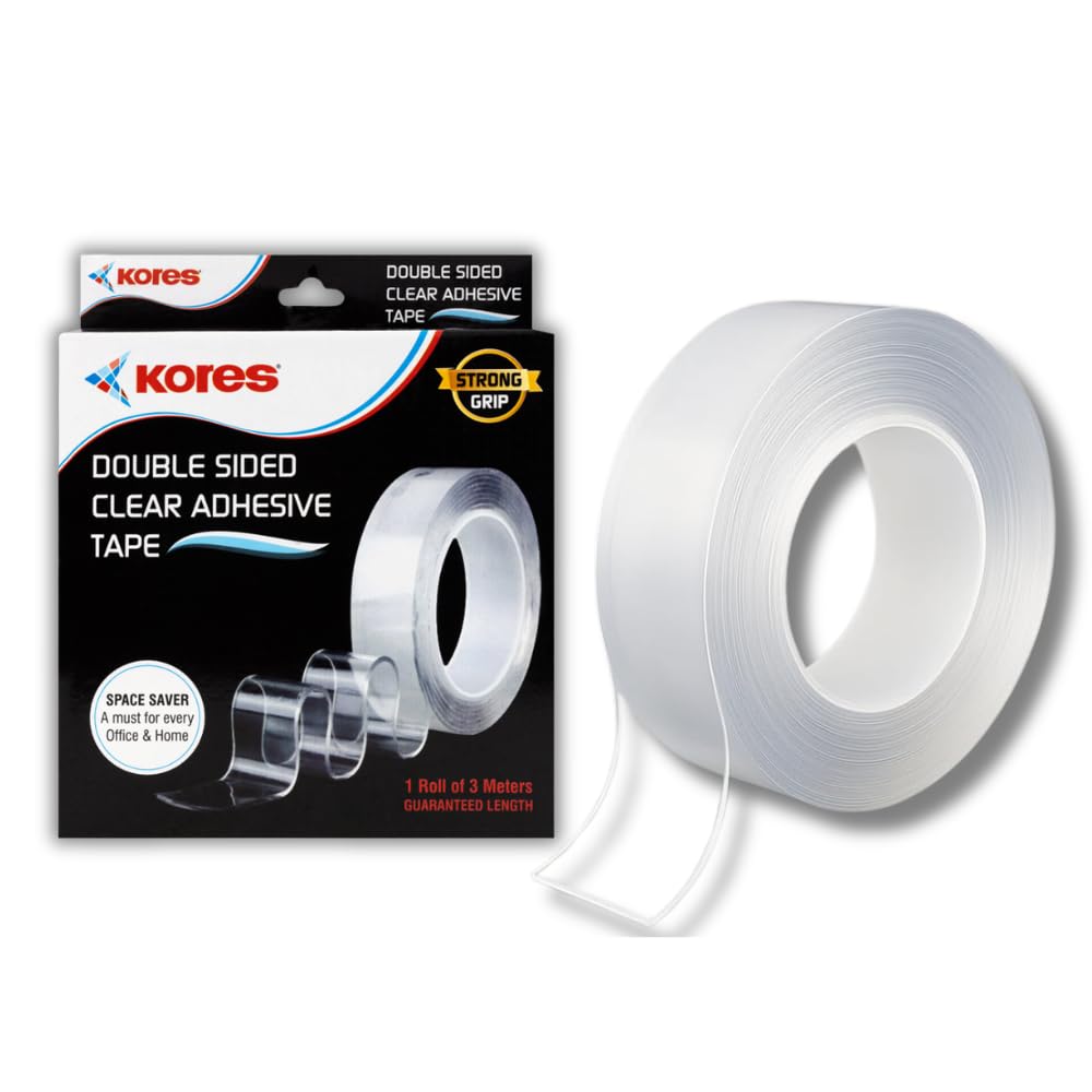 Kores Strong Grip Transparent Double Sided Tape – Ultra Strong Gel Adhesive, Removable & Reusable, 3 Metre Roll, 2mm Thick – For Walls, Glass, Wood, Metal & Home/Office Use | Heavy Duty