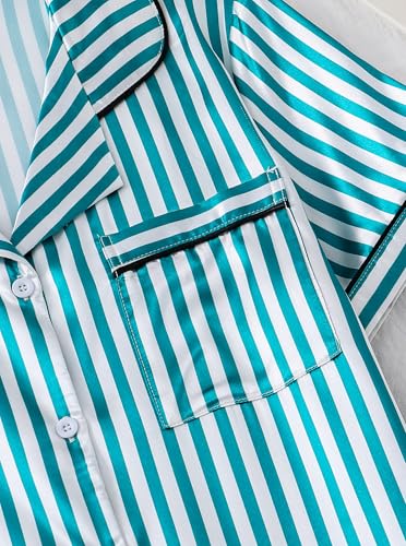 Image of Remidoo Women's Silk Satin Pajama Set Striped Button Down Pjs Short Sleeve Loungewear Green X-Large