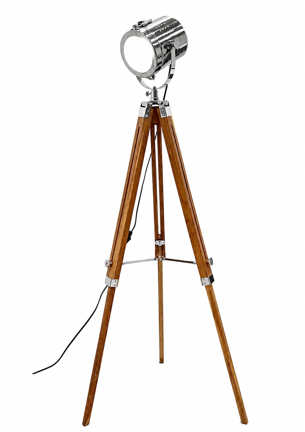Nautical Replica Hub Industrial Tripod Floor Lamp with Teak Wooden Tripod Stand for Living Room Bedroom Decor Spotlight