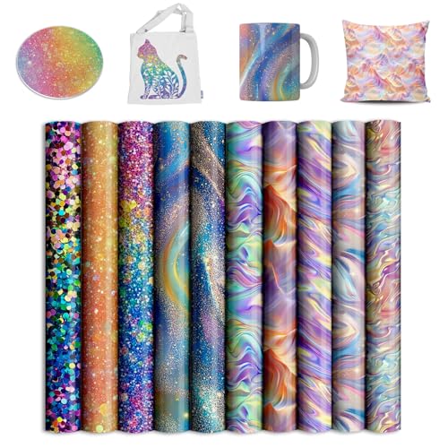 Holographic Sparkle Sublimation Transfer Ink Sheets Bundle for Cricut Mug Press Infused Ink Paper for Sublimation 10Pcs 12x12Inch Pre-Inked Sublimation Transfer Paper for Blank