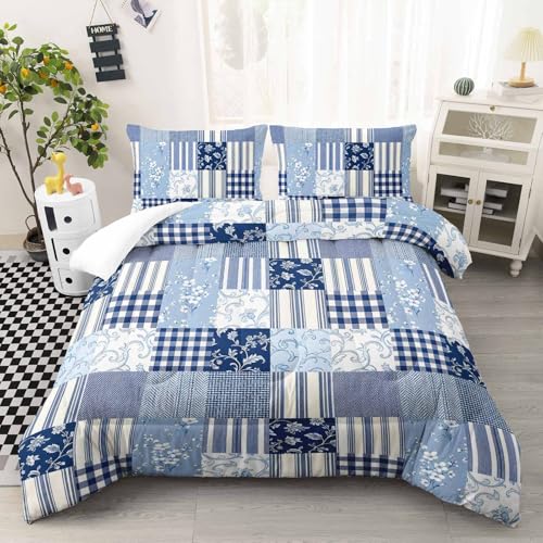 Image of AILONEN Blue Patchwork Comforter Set Queen Size, Plaid Floral Striped Bedding with 2 Pillowcases for Room,3Pcs