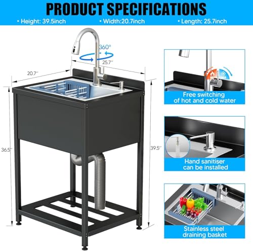 Image of Stainless Steel Utility Sink, 25.7 inch x 20.7 inch x 39.5 inchFreestanding Sink with Cold and Hot Water Faucet,Hoses and Drain Kit for Kitchens, Bathrooms, Garage, Laundry Room
